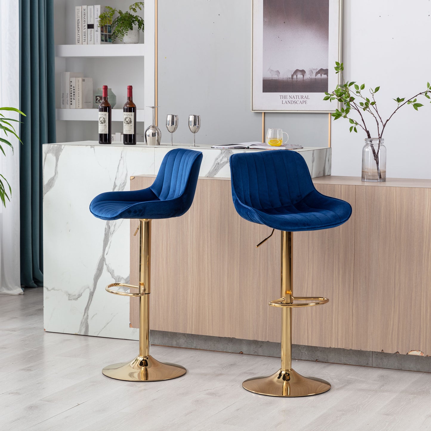 Stramline Adjustable Velvet + Golden Leg Bar Stool - Blue Set of 2