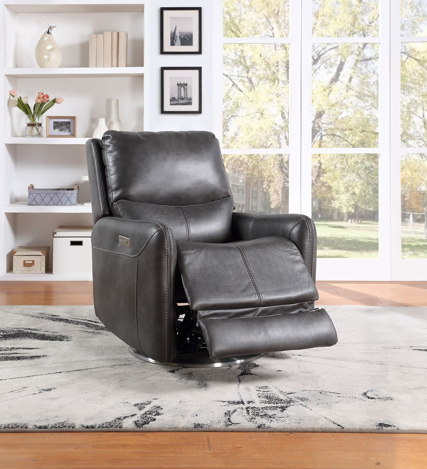 Elegant Triple-Power 360 Swivel Faux-Leather Recliner - Charcoal