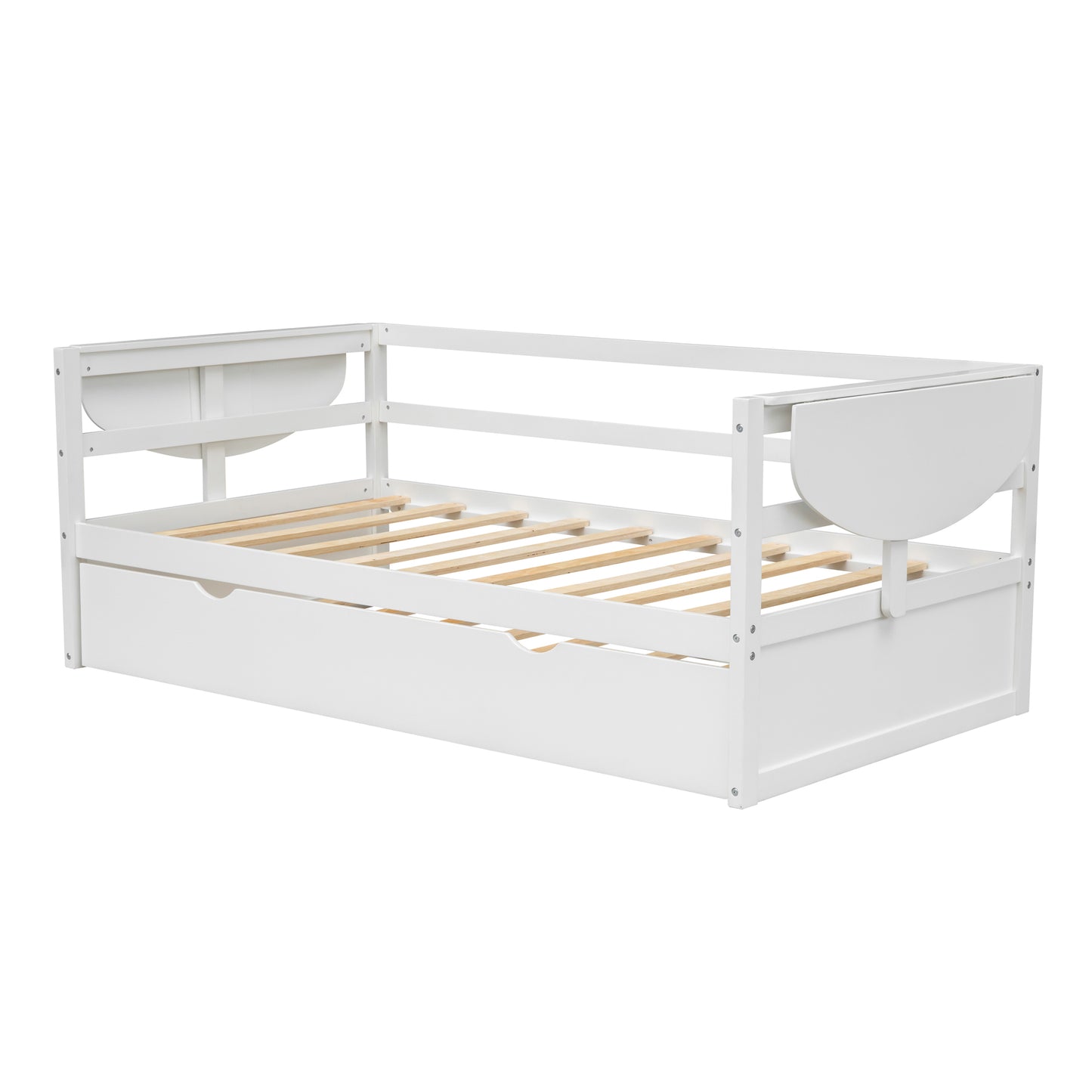 Tumo Twin Size Daybed with Trundle and Foldable Shelves - White