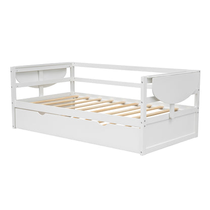 Tumo Twin Size Daybed with Trundle and Foldable Shelves - White