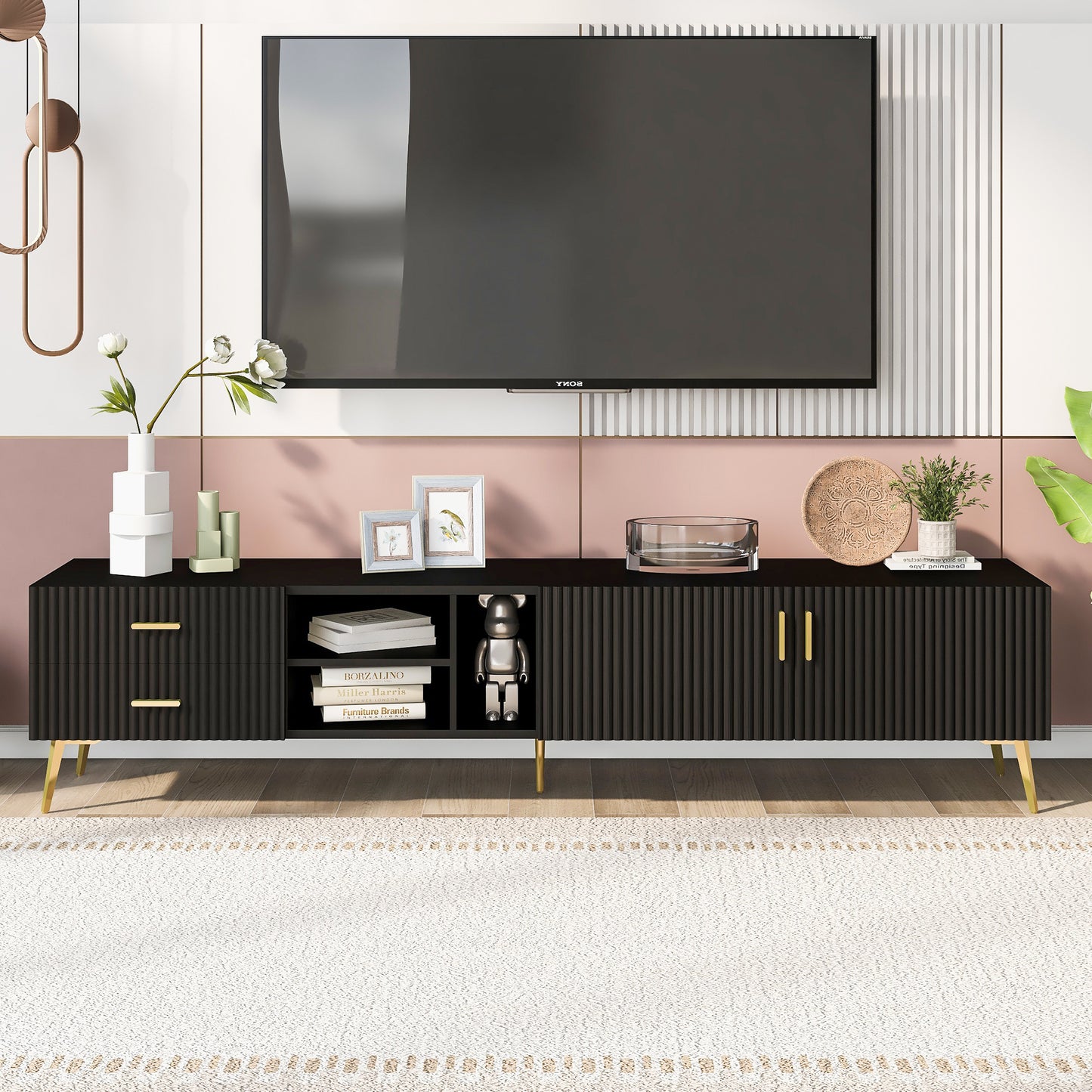 Eden II Stylish TV Stand with 5 Champagne Legs - Black