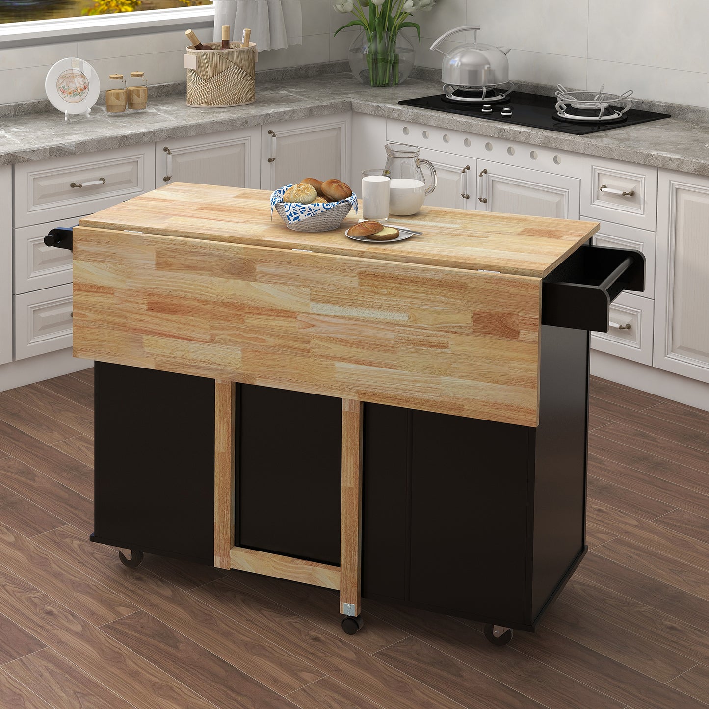 Artisan Kitchen Island with Solid Wood Table Top - Black