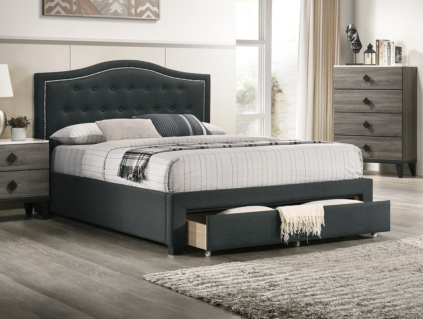 Imani Full Size Bed w Drawer Button Tufted - Charcoal