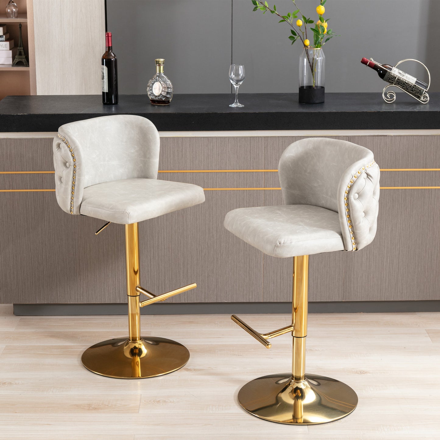 Tufted Swivel Barstools - Beige  Set of 2