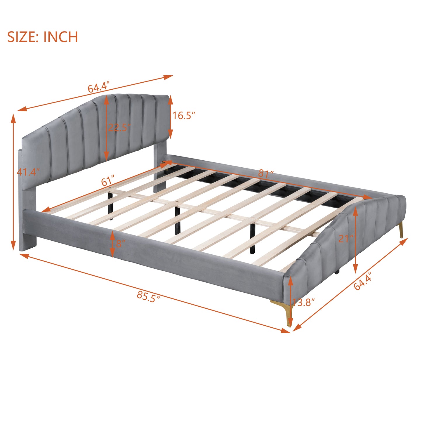 ZuZu Queen Size Velvet Platform Bed with Metal Bed Leg - Gray