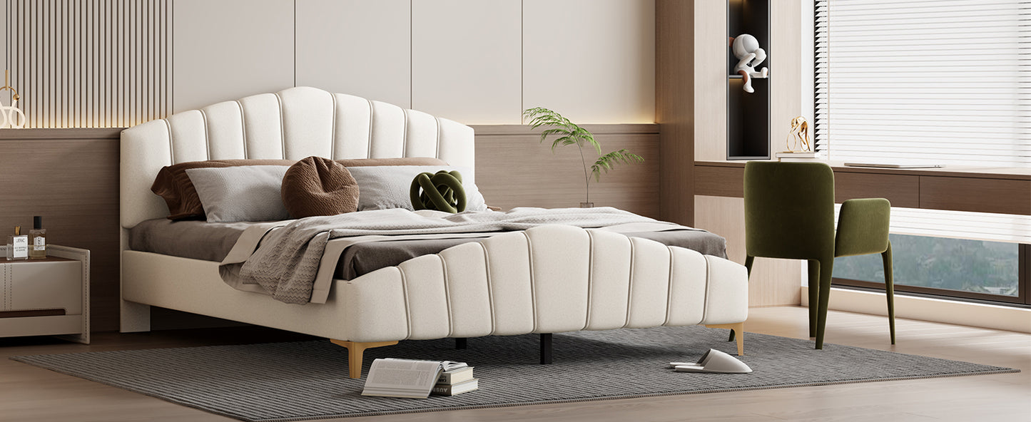 ZuZu Queen Size Velvet Platform Bed with Metal Bed Leg - Beige