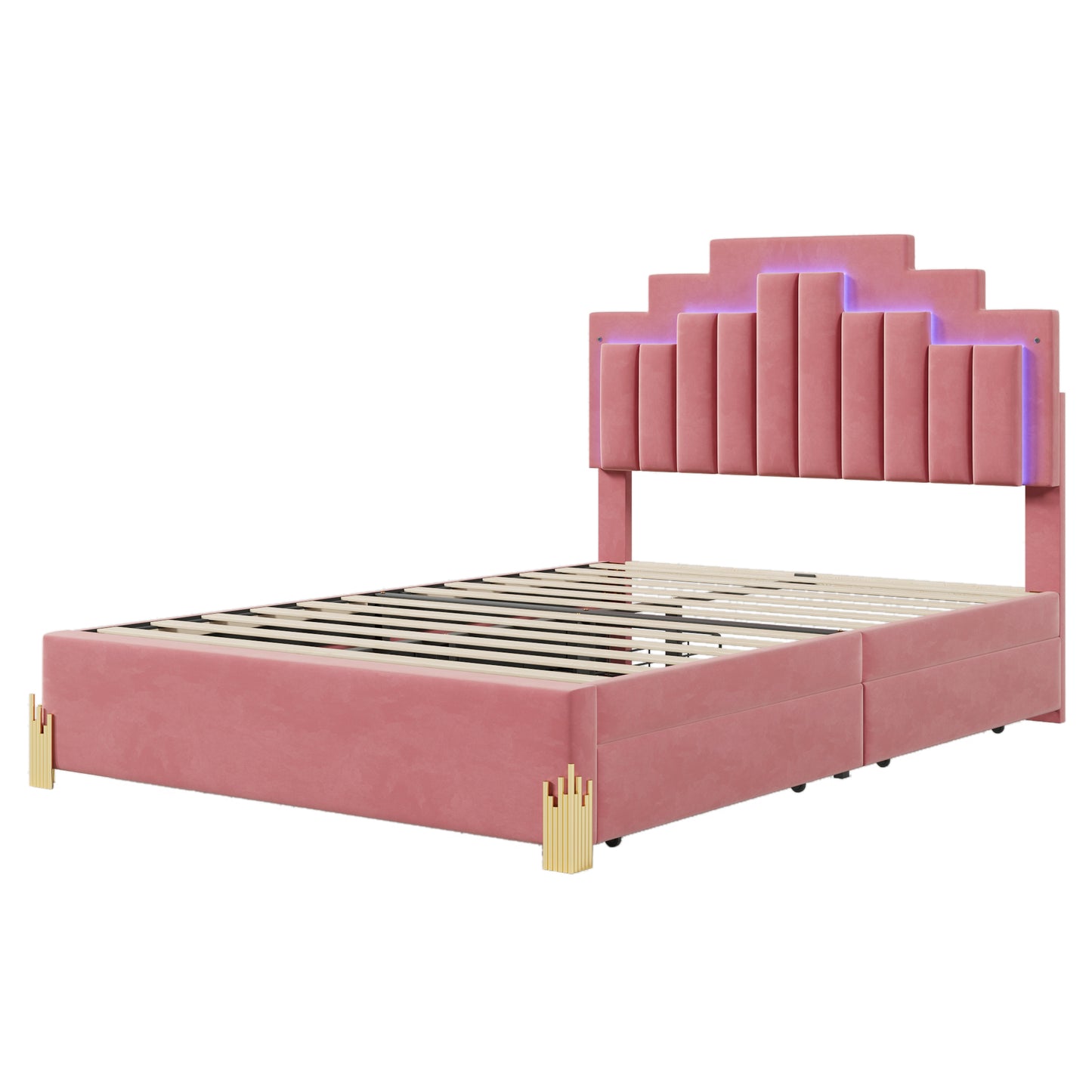 Neco Full Size Platform Bed with LED and 4 Drawers - Pink