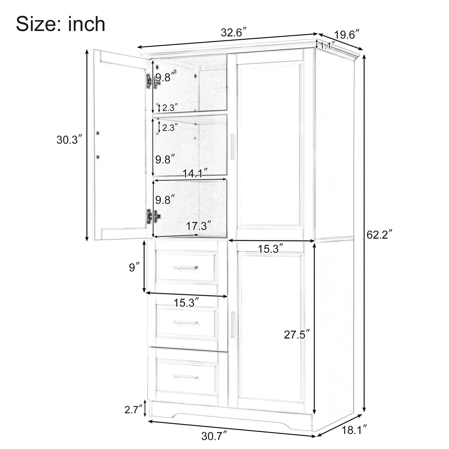 Lofty Cabinet with Doors Three Drawers - Grey