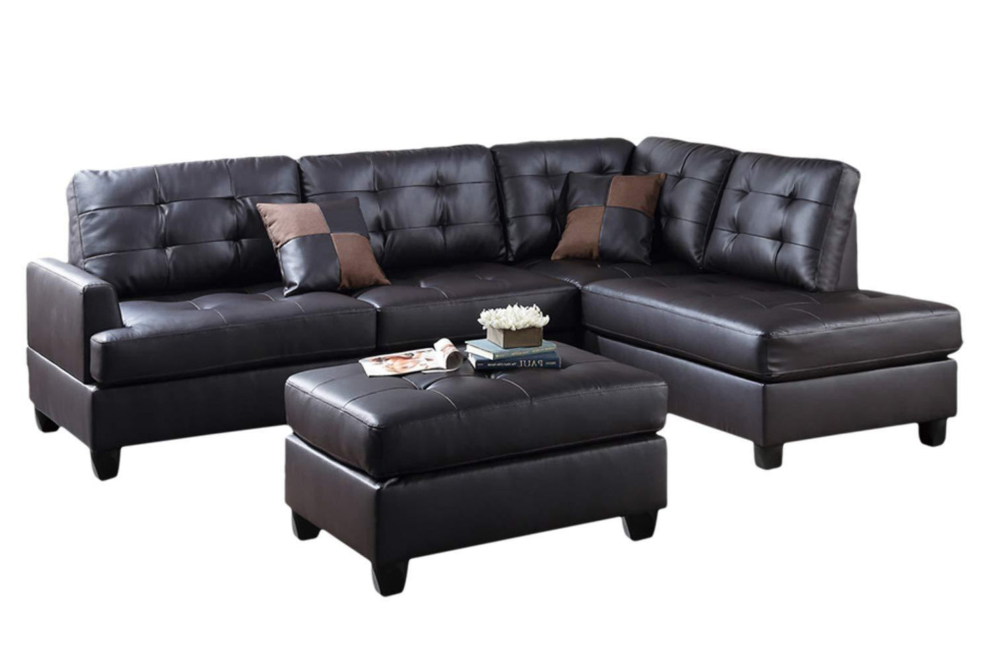 Lucia 3pc Faux Leather Sectional Sofa Set -  Espresso