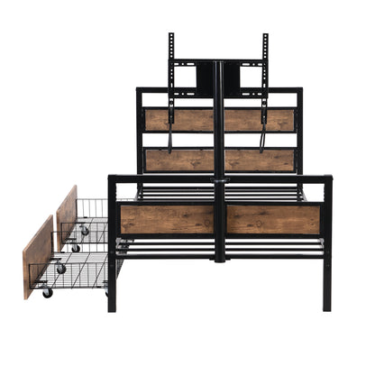 Rosy Twin Size Metal Platform Bed w Rotatable TV Stand - Black