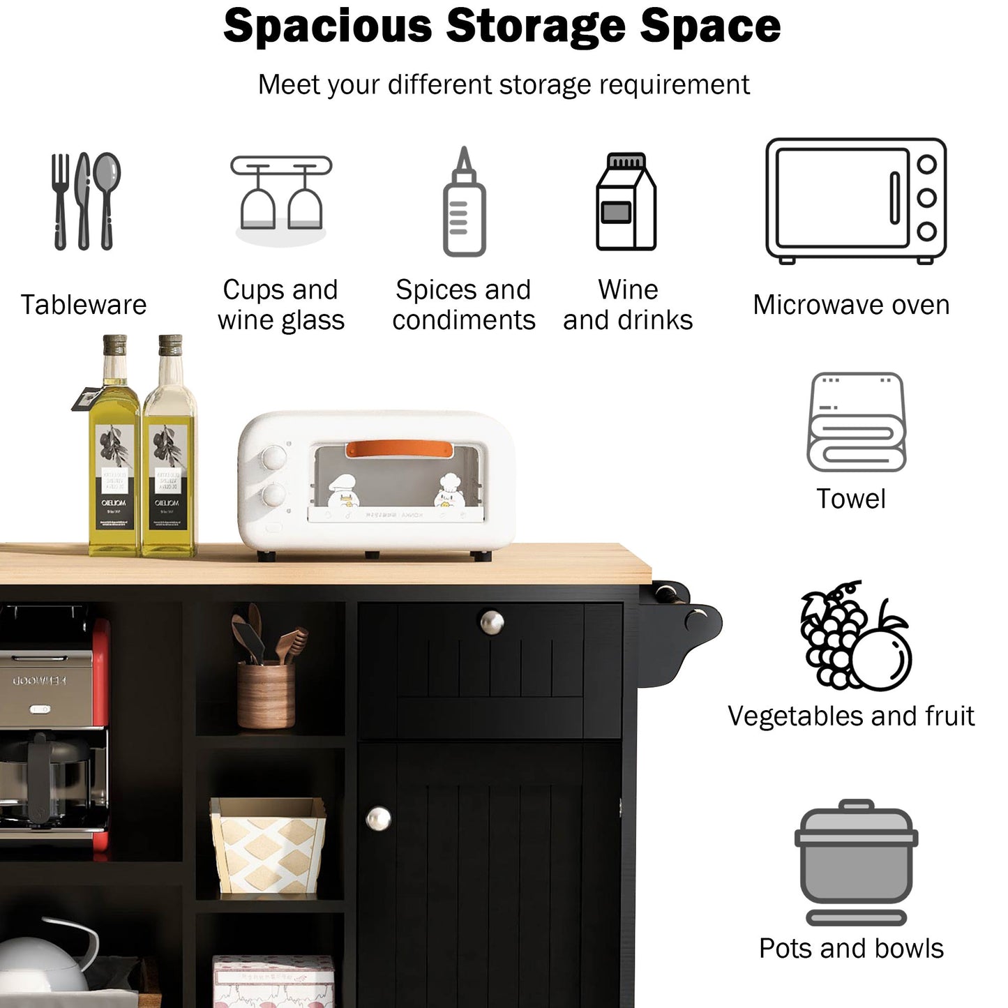 Retro Kitchen Island Cart with Storage Cabinet -Black