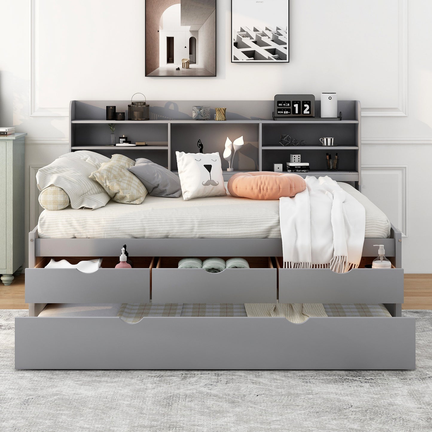 Gini Full Size Daybed with Trundle and Storage - Light Gray