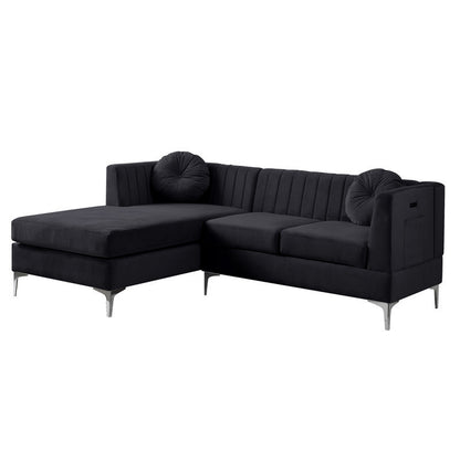 Chloe Velvet Sectional Sofa Chaise with USB Charging Port - Black