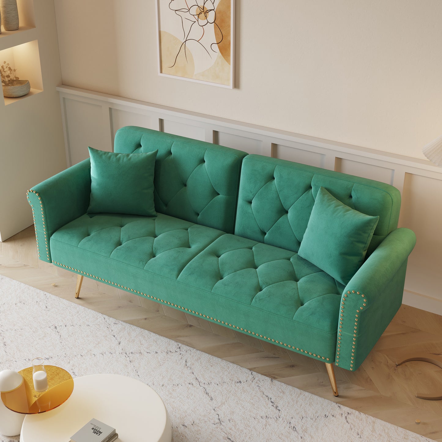 Uma Convertible Velvet Sofa Bed - Green