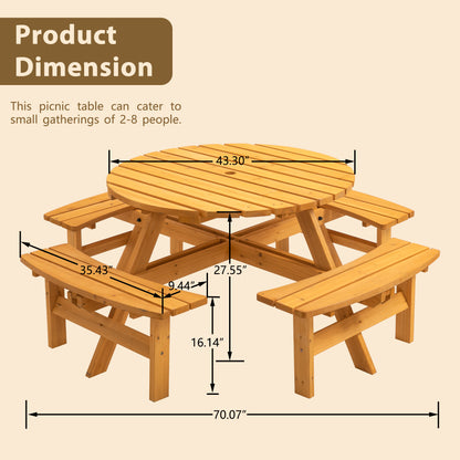 Nix 8-Person Circular Outdoor Wooden Picnic Table - Natural