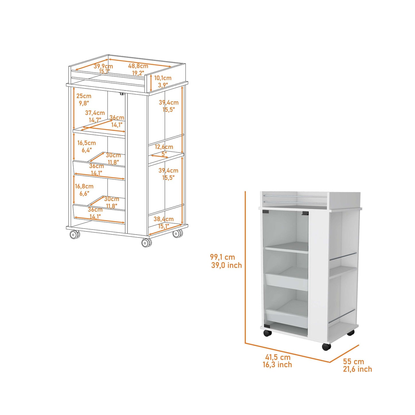 Willow Park Glass Door Bar Cart with Bottle Holder and Casters - White