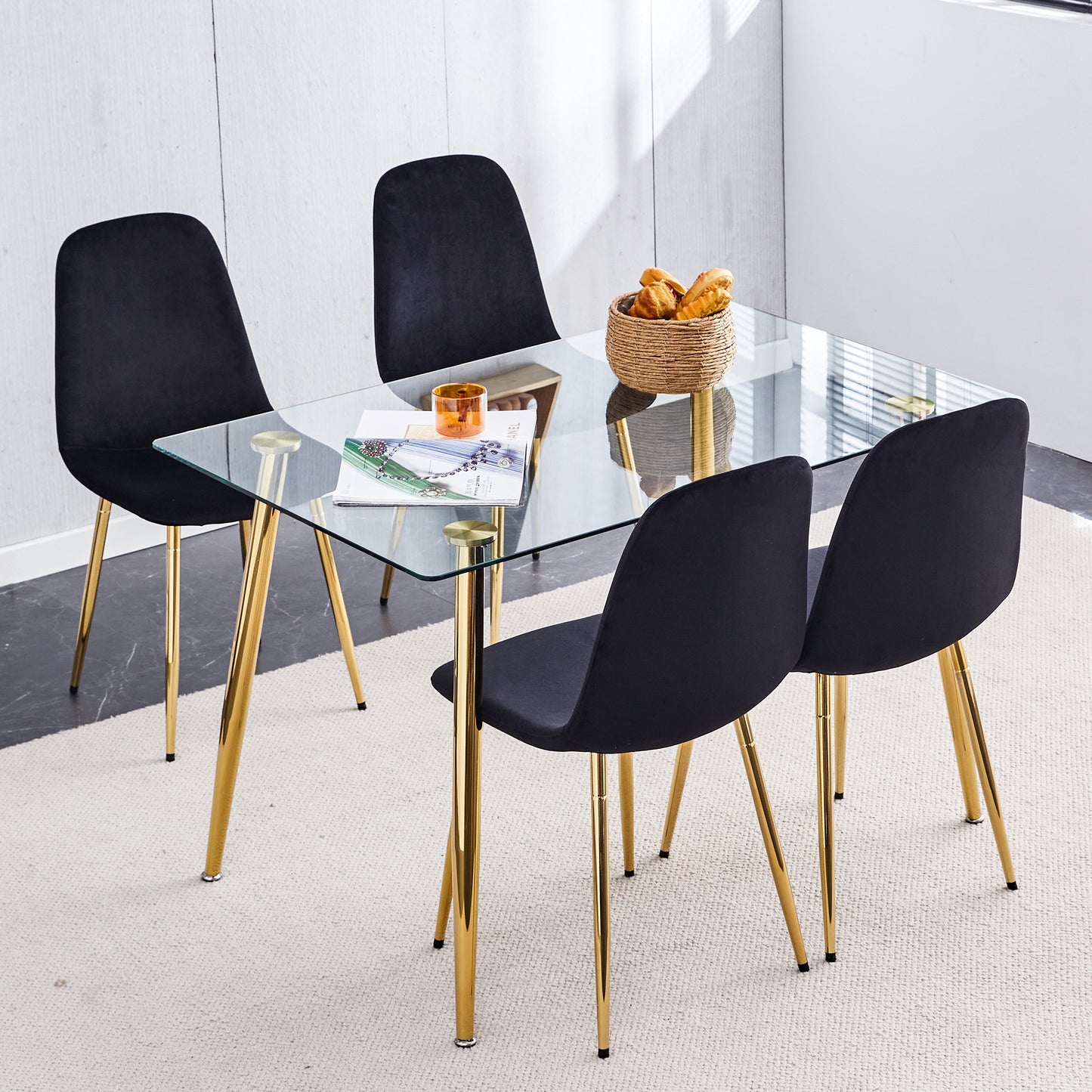 Pax Dining Velvet Chairs with Golden Metal Leg (Set of 6) - Black