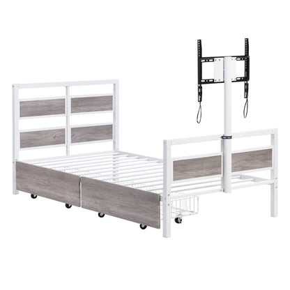 Rosy Twin Size Metal Platform Bed w Rotatable TV Stand - White