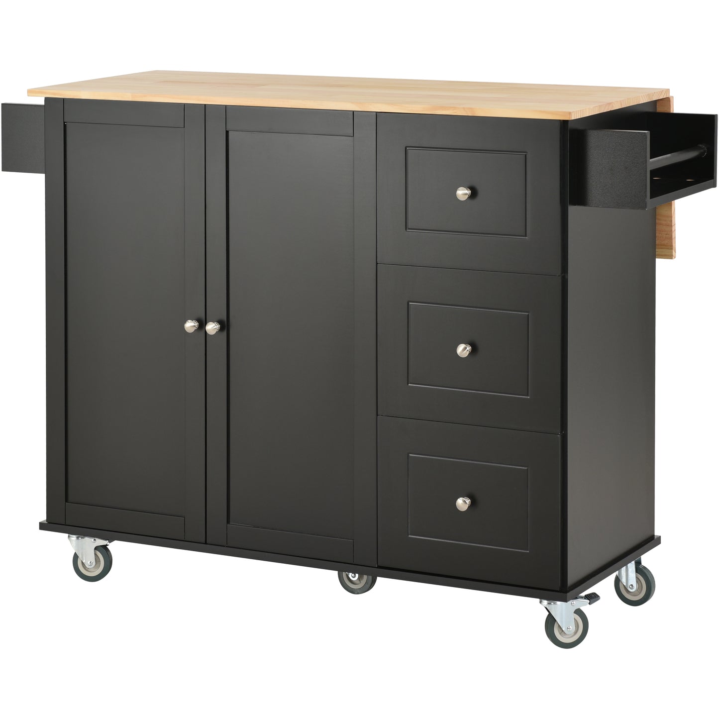 Oasis Kitchen Island with Solid Wood Top and Locking Wheels - Black