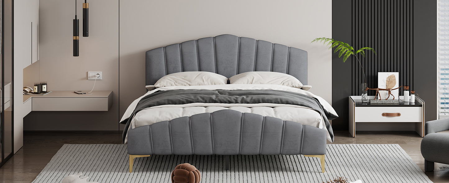 ZuZu Queen Size Velvet Platform Bed with Metal Bed Leg - Gray