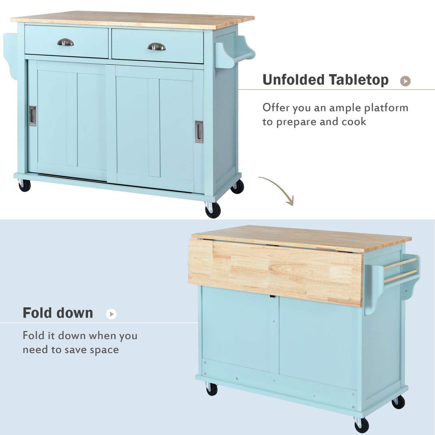 Culinary  Kitchen Cart with Countertop With Barn Door - Mint Green