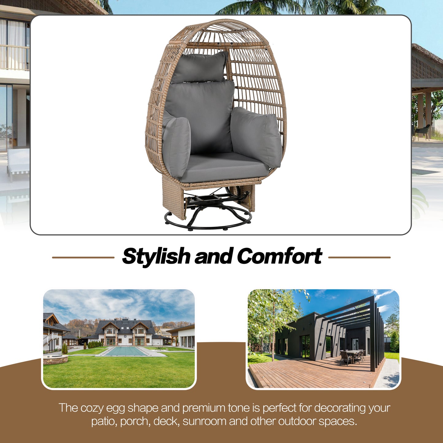 Bell Outdoor Swivel Chair with Cushion (Natural Wicker + Gray Cushion)