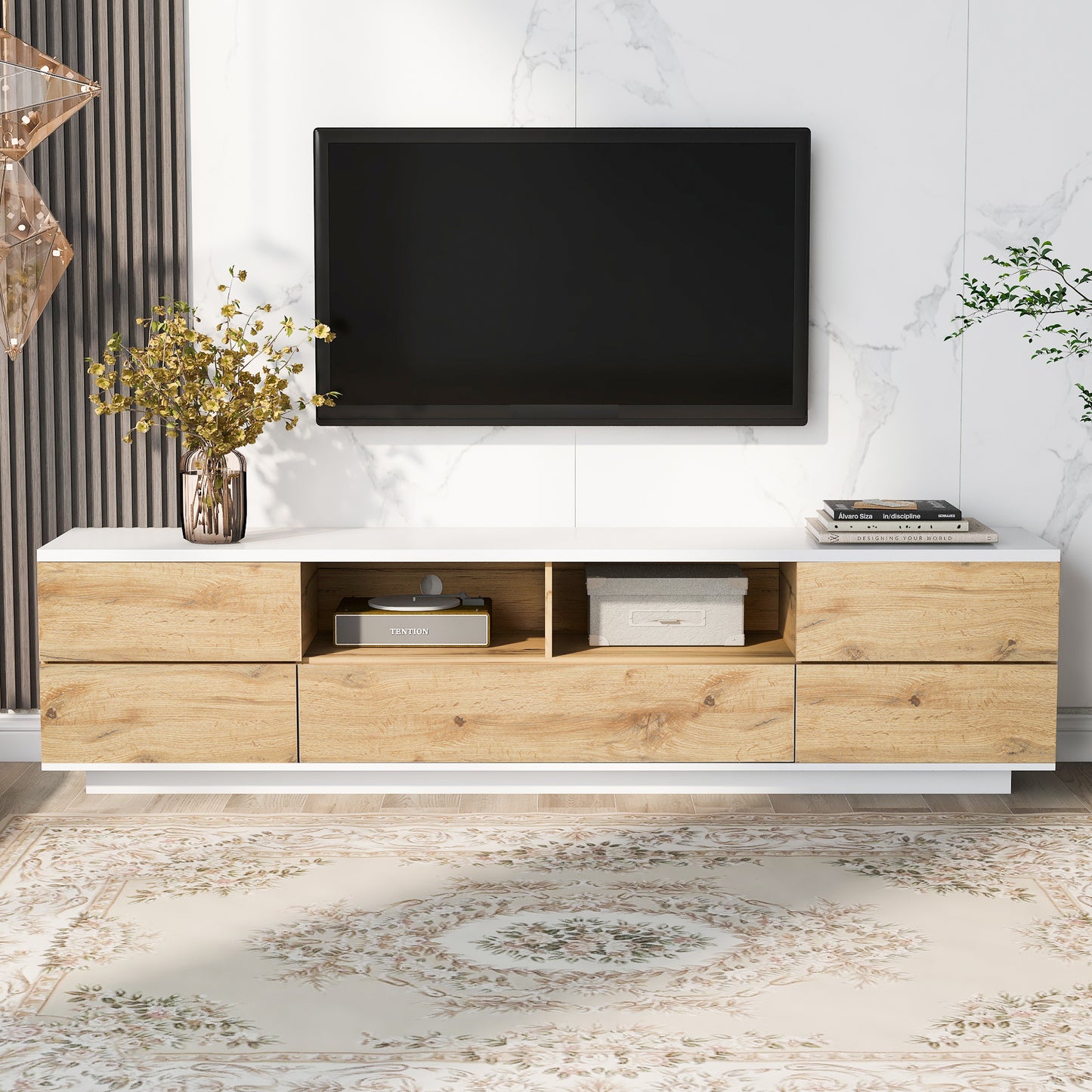 Dena Modern TV stand with Door Rebound Device - Natural+White