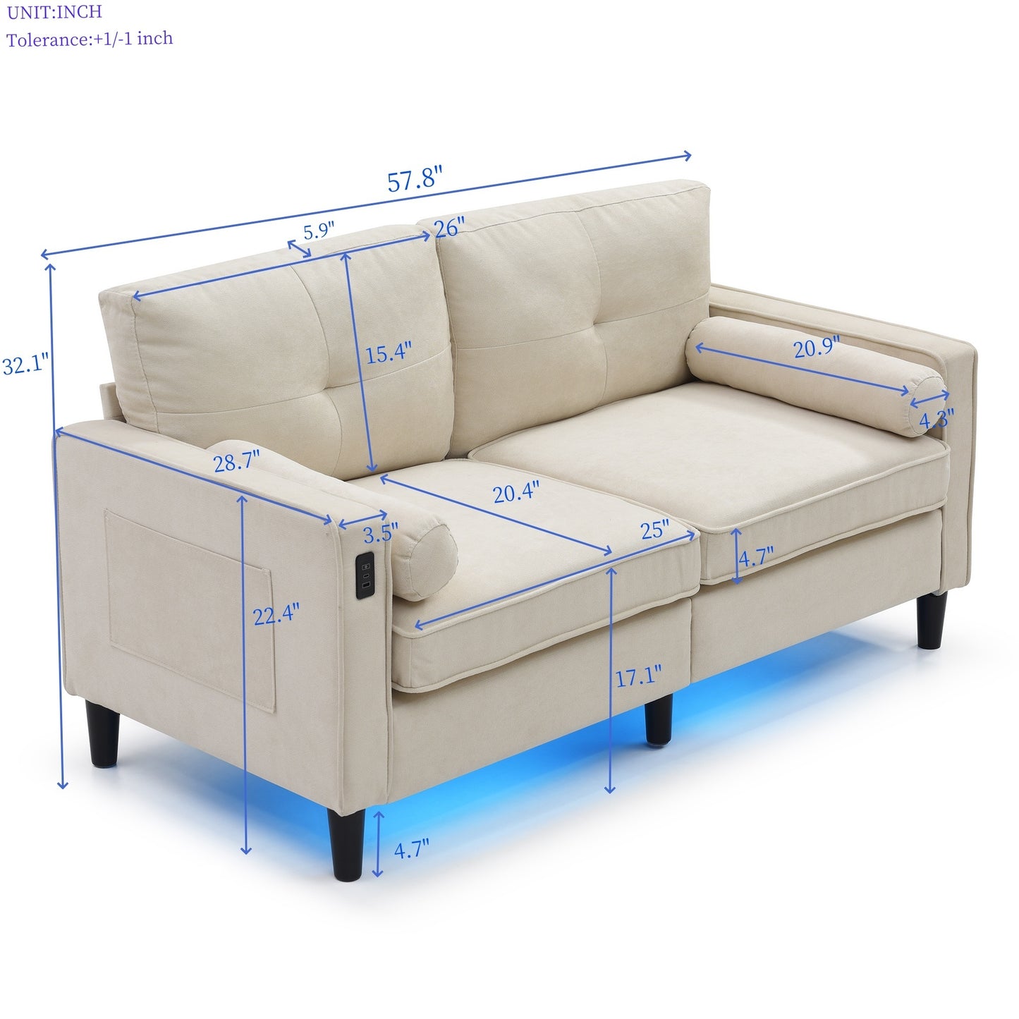 Loveseat Couch with LED Lights - Beige