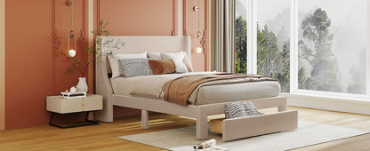 Renni Full Size Velvet Platform Bed Frame with Drawer - Beige