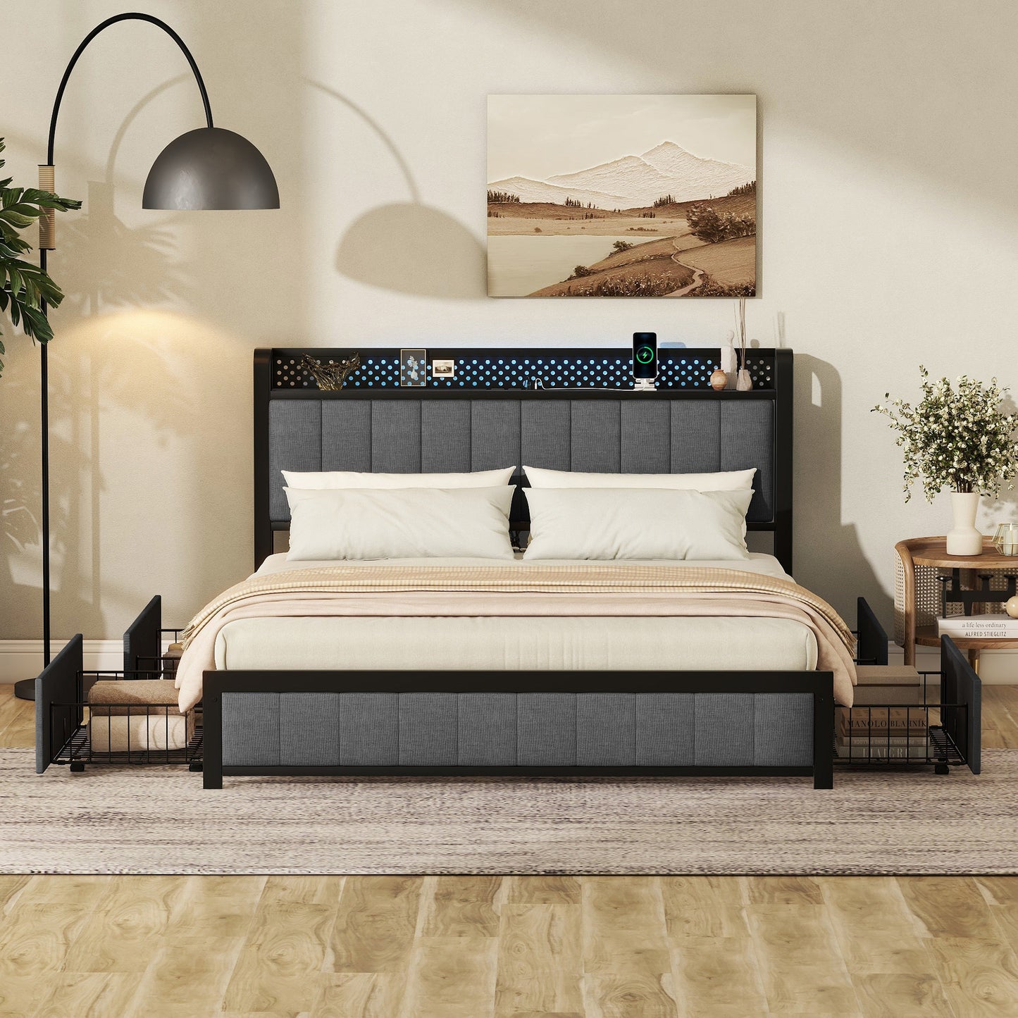 Kie Queen Size Bed Frame with LED - Dark Gray