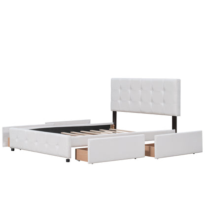 Draco Queen Size Platform Bed with 4 Drawers - White