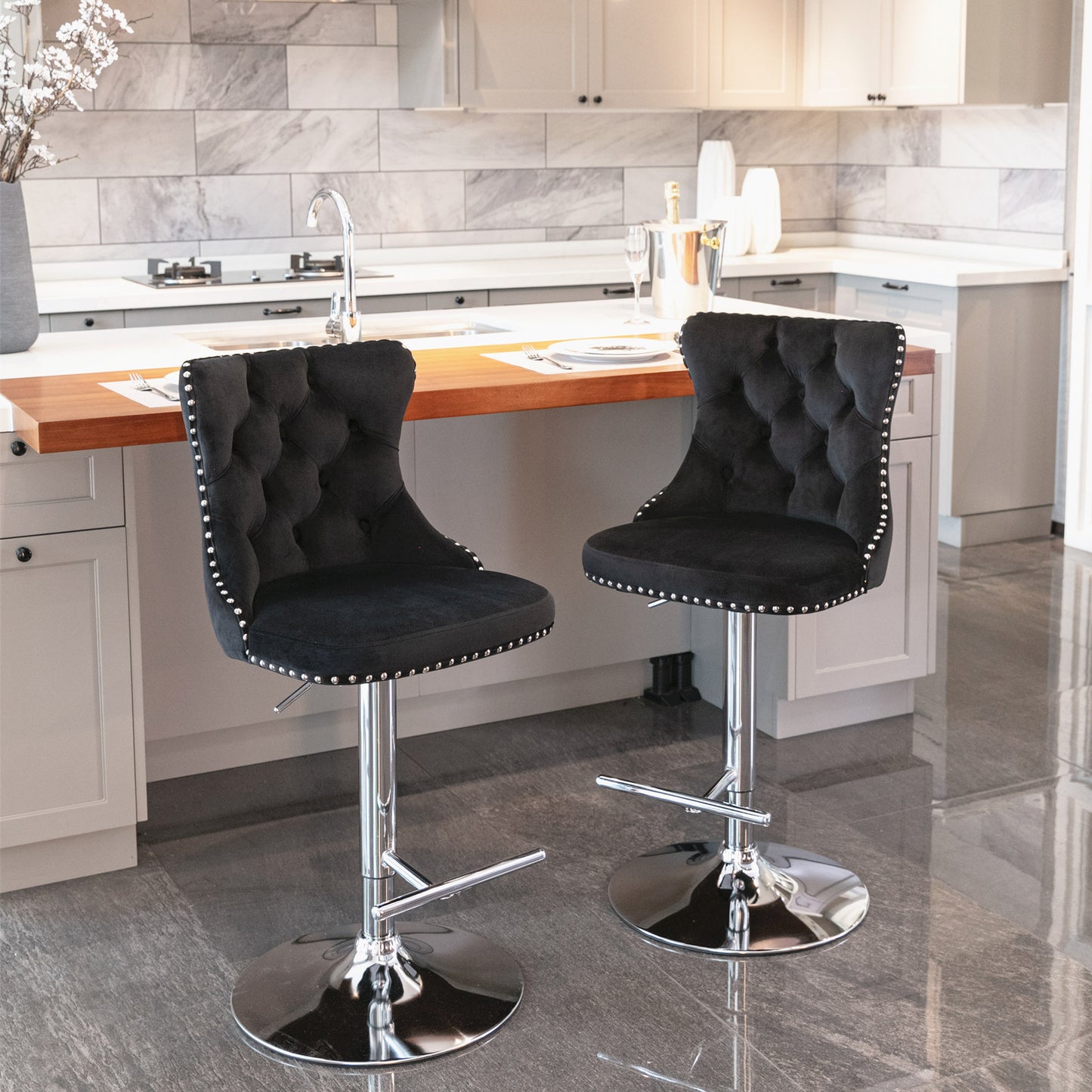 Rise 180 Velvet Barstools Adjusatble Seat Height - Black Set of 2