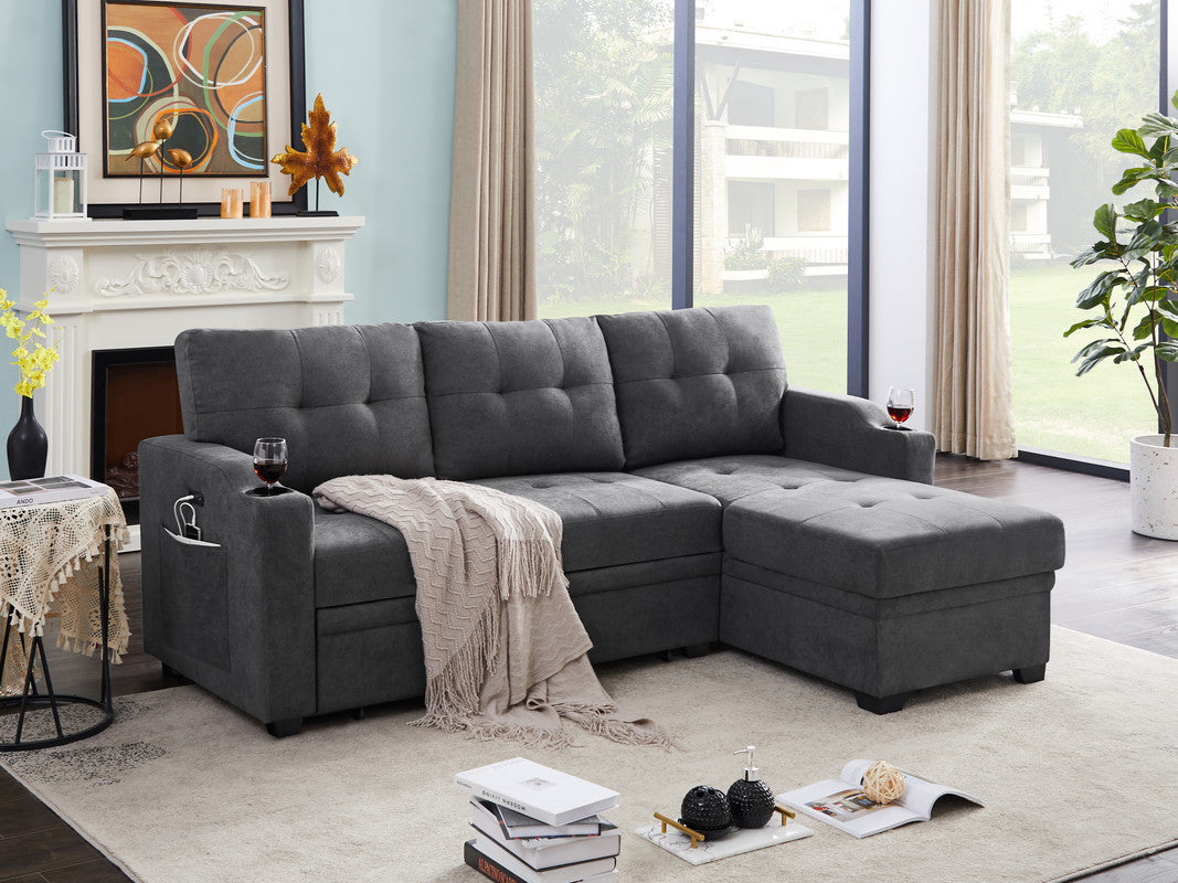 Mabel Woven Fabric Sleeper Sectional with cupholder, USB charging port and pocket - Dark Gray