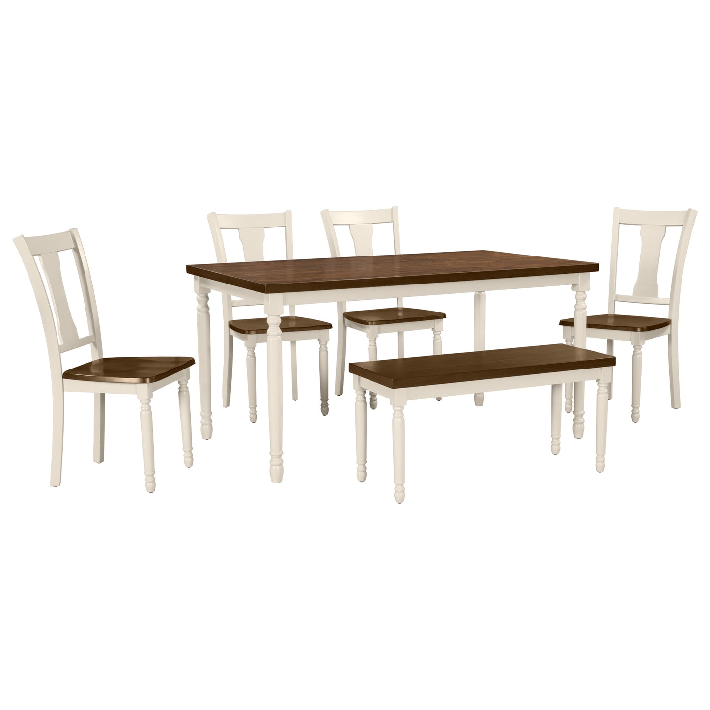 Trey 6pc Dining Set Wooden Table 4x Side Chairs And Bench - Brown+White