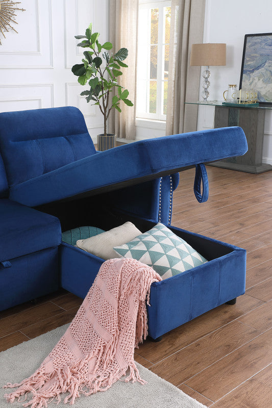 Ashton Velvet Fabric Reversible Sleeper Sectional Sofa Chaise - Blue