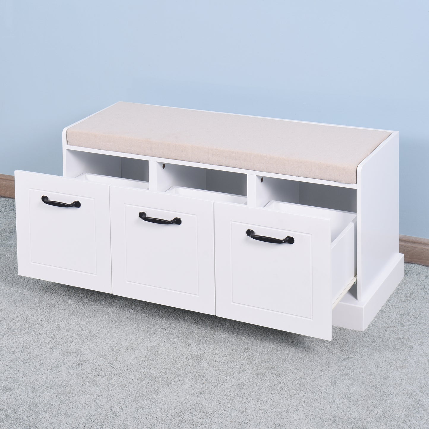 Wooden Shoe Storage Bench with White Cushion