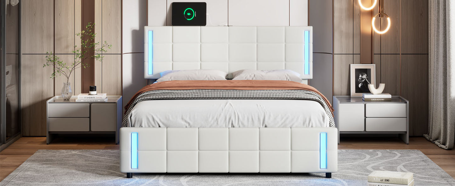 Bot Queen Size Platform Bed with LED - White