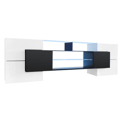 Trax TV Stand with 2 Illuminated Glass Shelves - White+Black