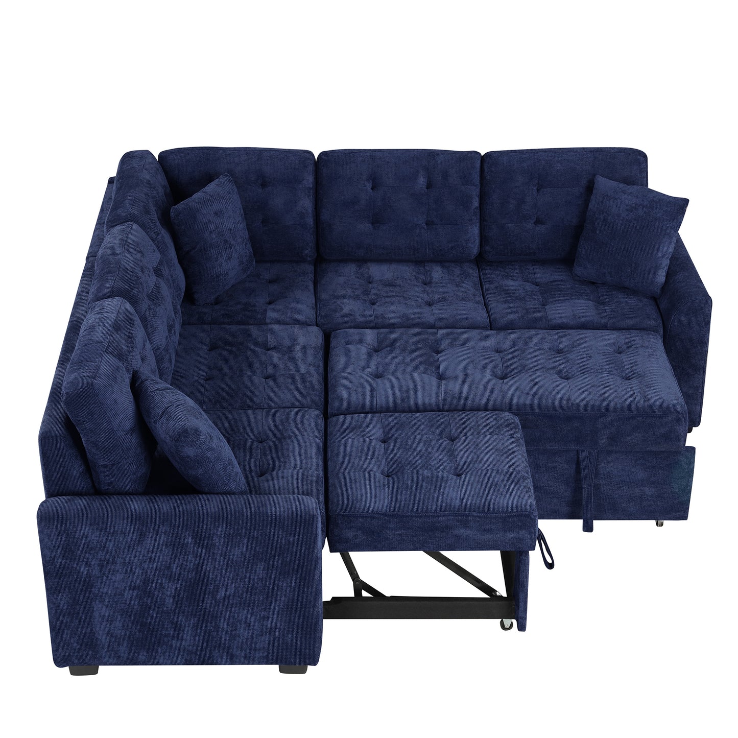 Novak L-shape Sofa Bed Pull-out Sleeper Sofa with Wheels - Navy Blue