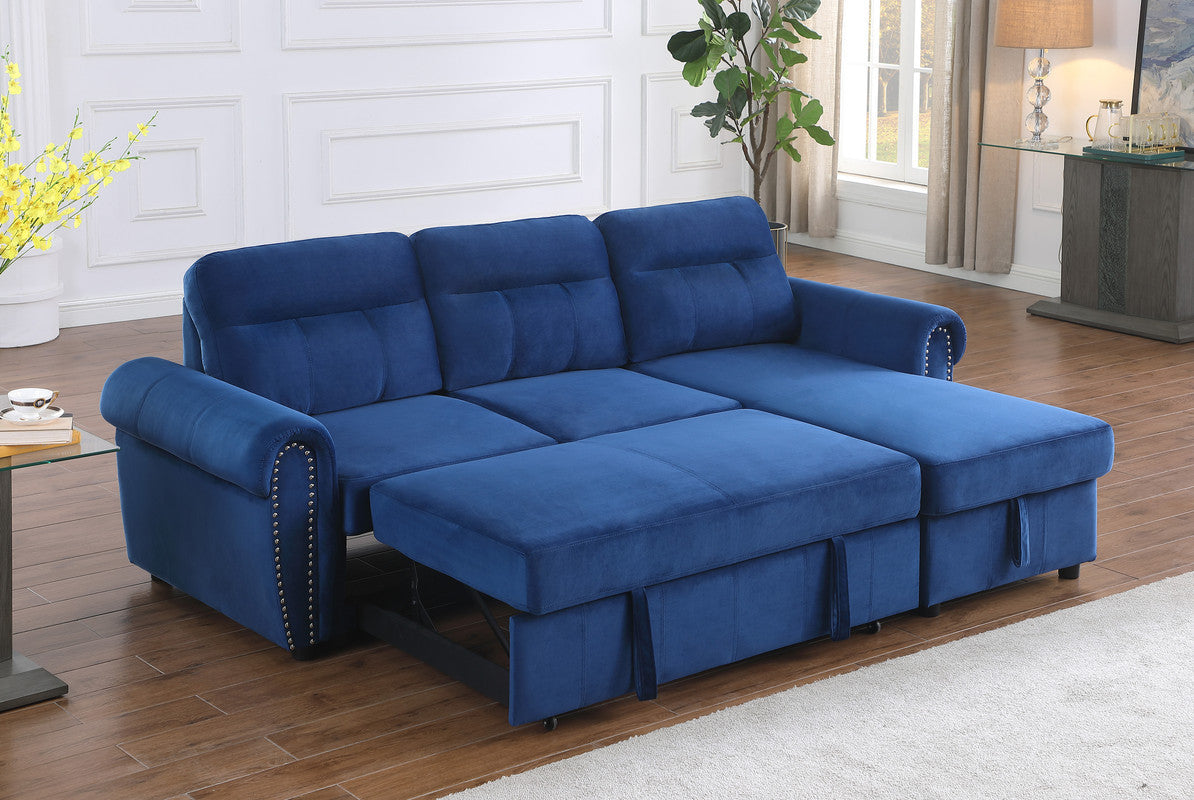 Ashton Velvet Fabric Reversible Sleeper Sectional Sofa Chaise - Blue