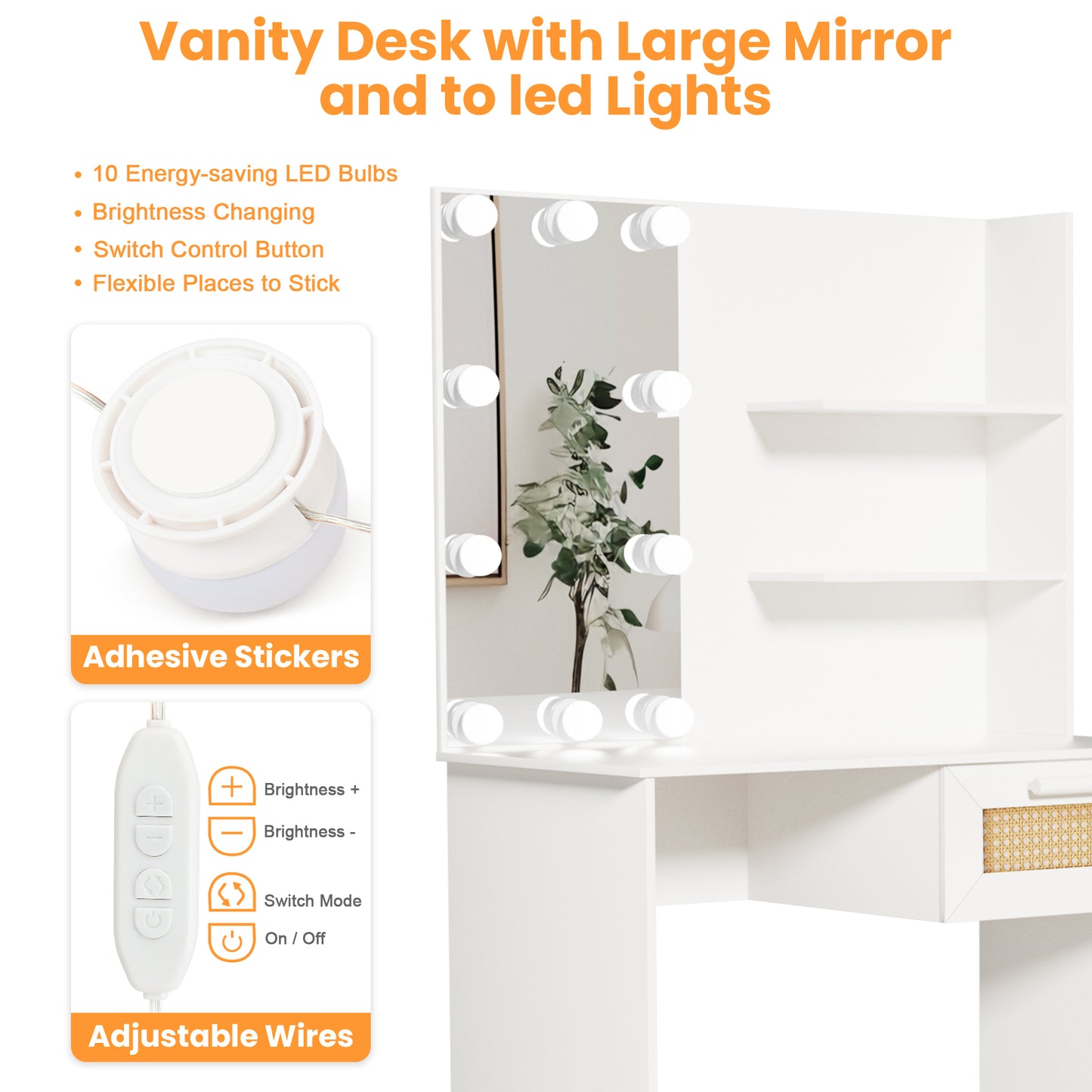 Brooks Vanity Desk Set With LED Lighting Mirror - White