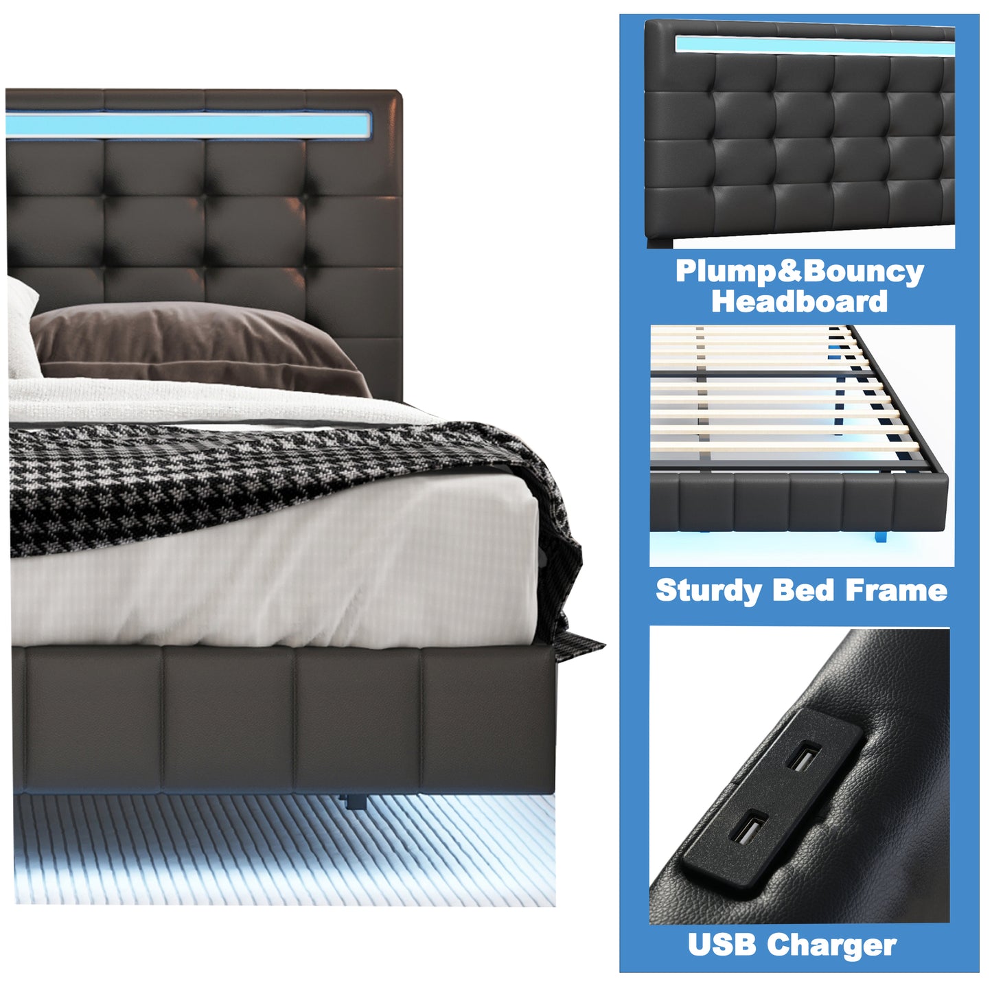 Marc Queen Size Floating Bed Frame with LED - Black