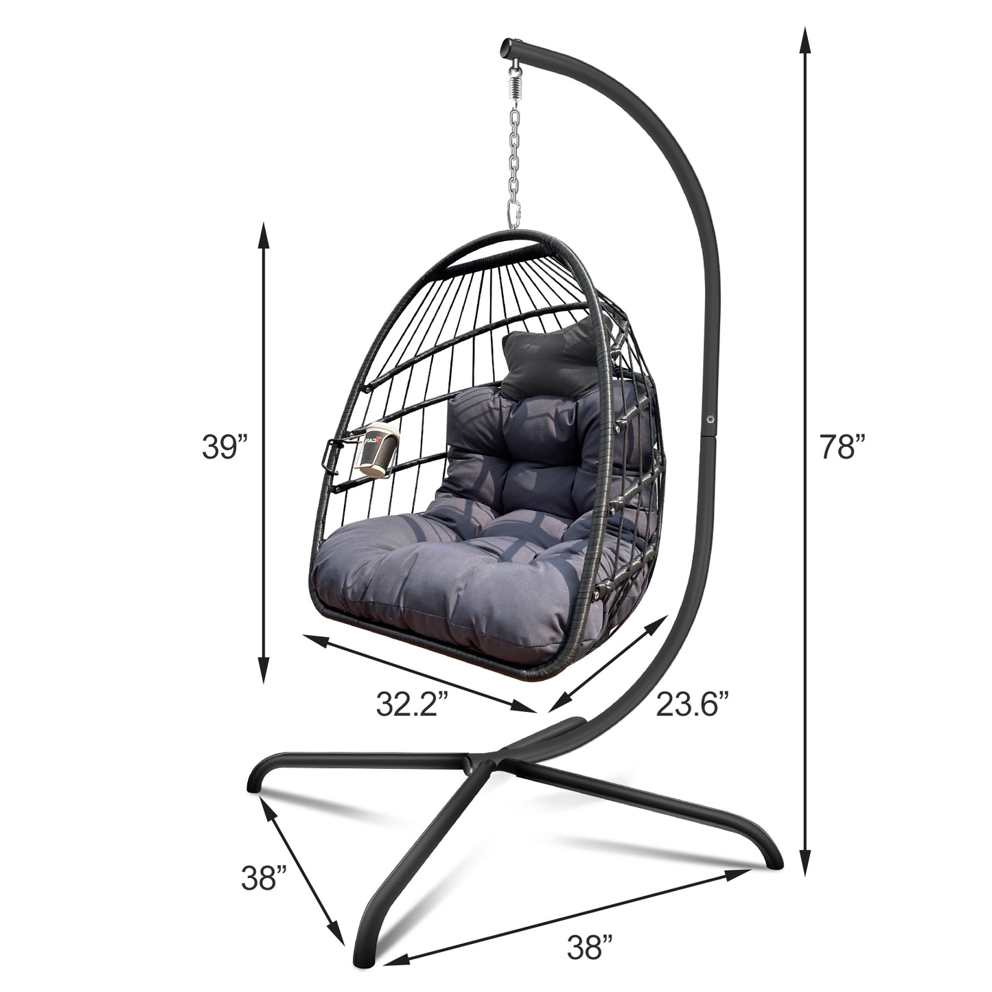 Tamura Patio Hanging Egg Chair with Stand - Black