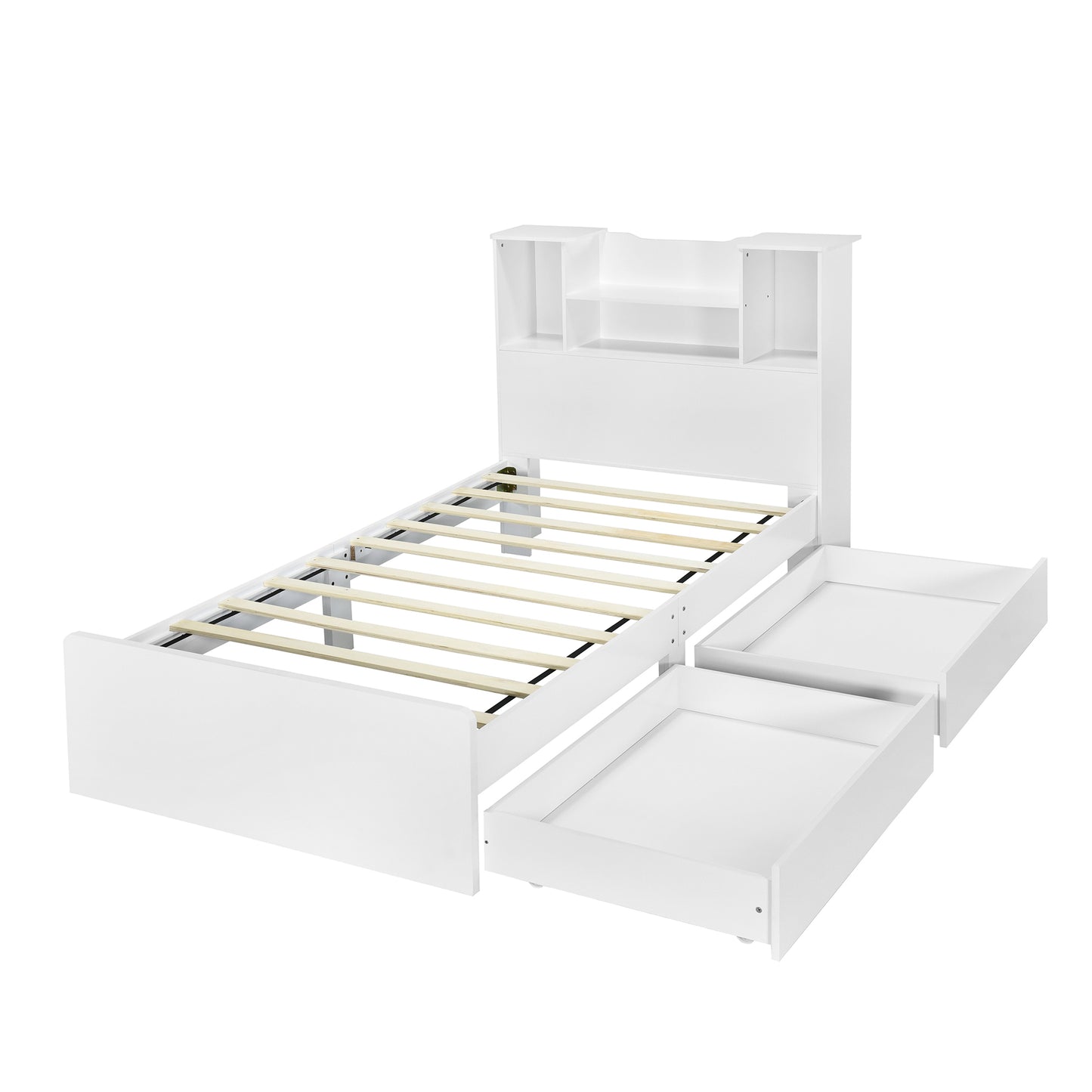 Taz Twin Size Platform Bed Frame with 4 Open Storage Shelves - White