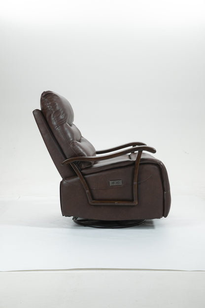 Tyler Swivel Power Recliner with Solid Wood Armrests - Brown