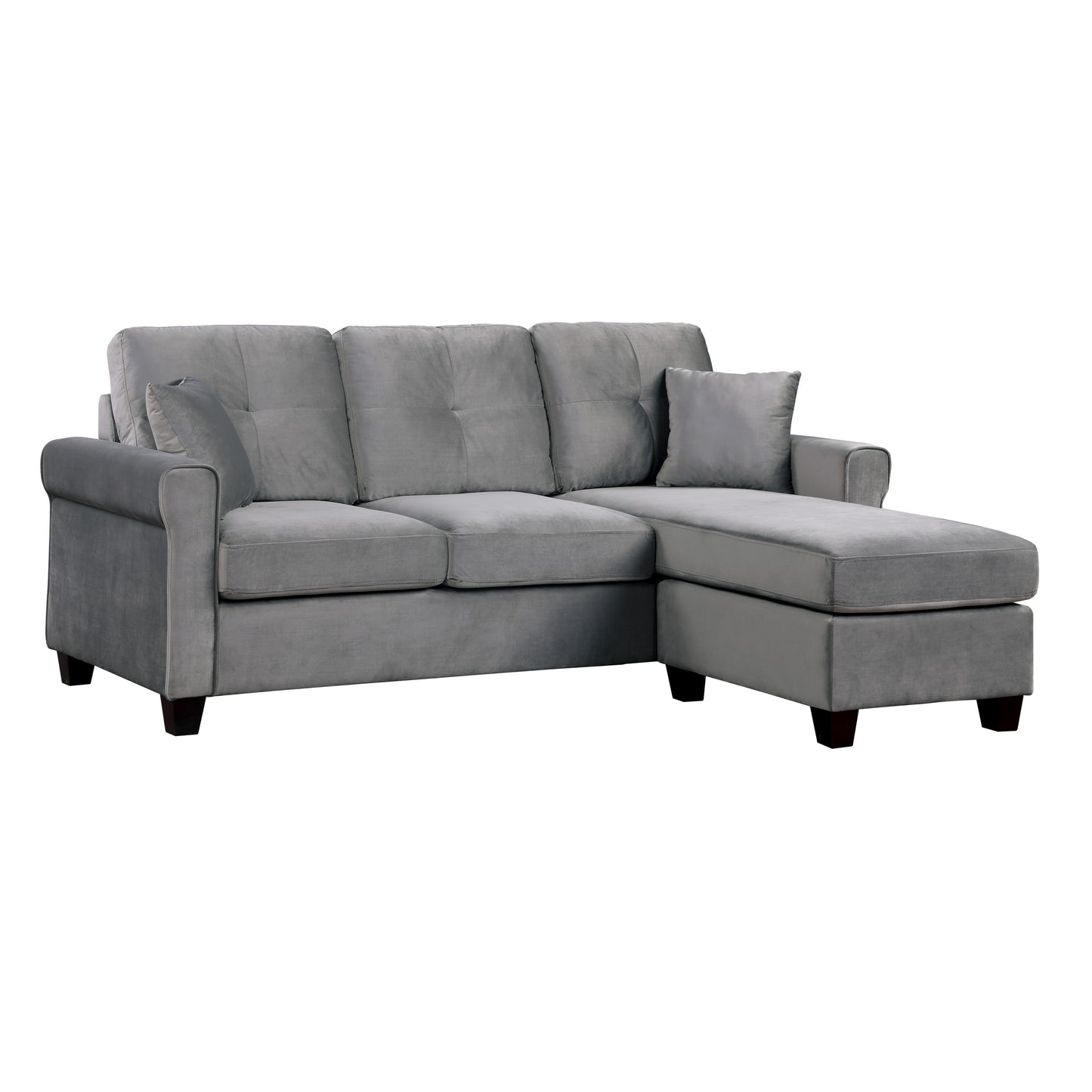 Yuki Reversible  Sectional Velvet Sofa w 2 Pillows - Gray