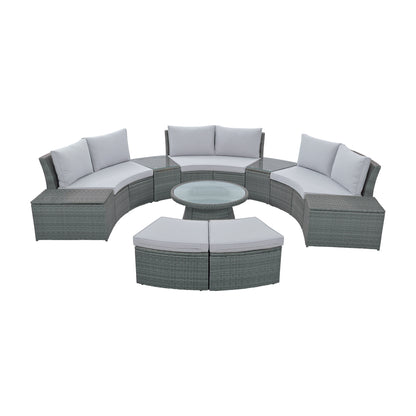 Clarkson 10 Pc Patio Rattan Half Round Sectional Sofa Set - Light Gray