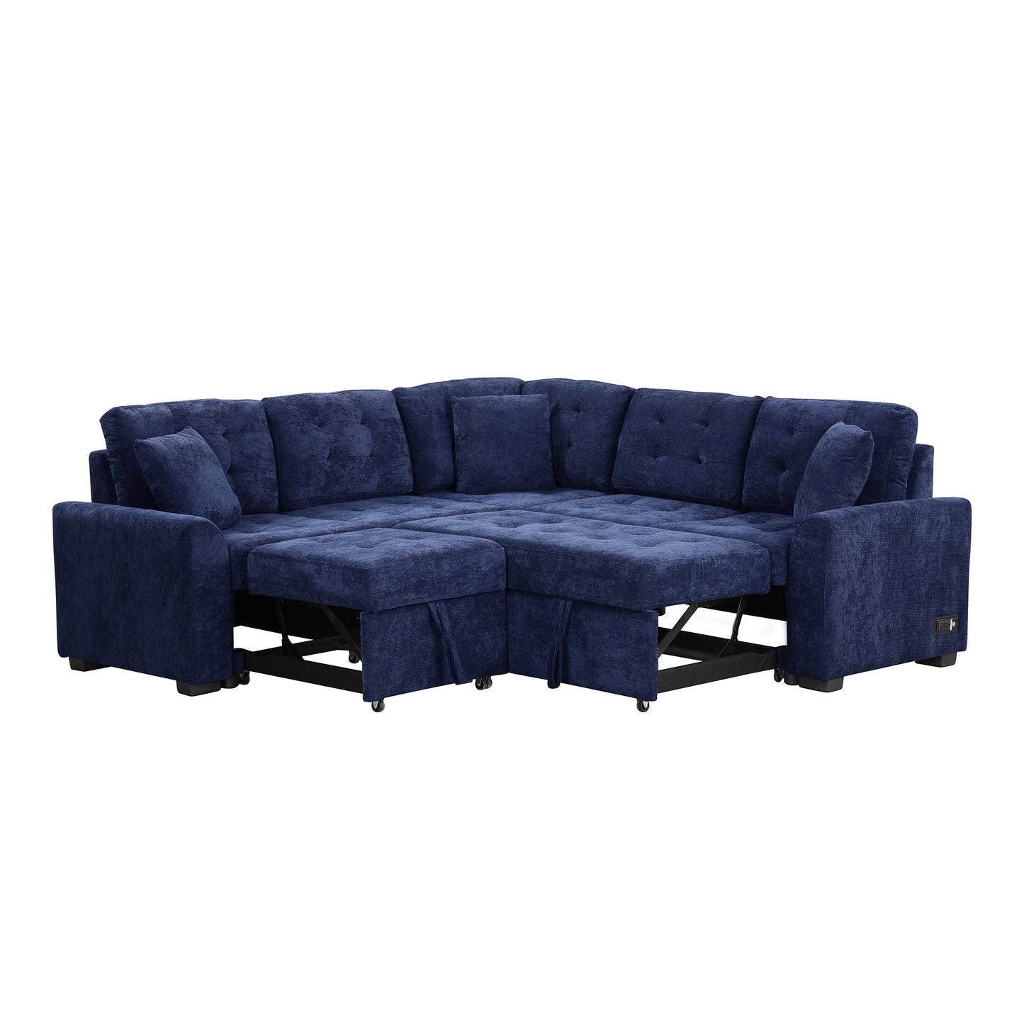 Novak L-shape Sofa Bed Pull-out Sleeper Sofa with Wheels - Navy Blue