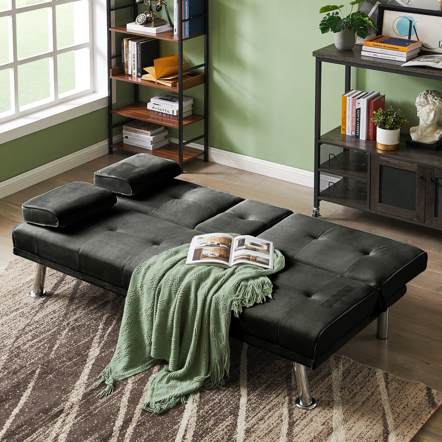 Devo Velvet Upholstered  Convertible Folding Futon Sofa Bed - Gray