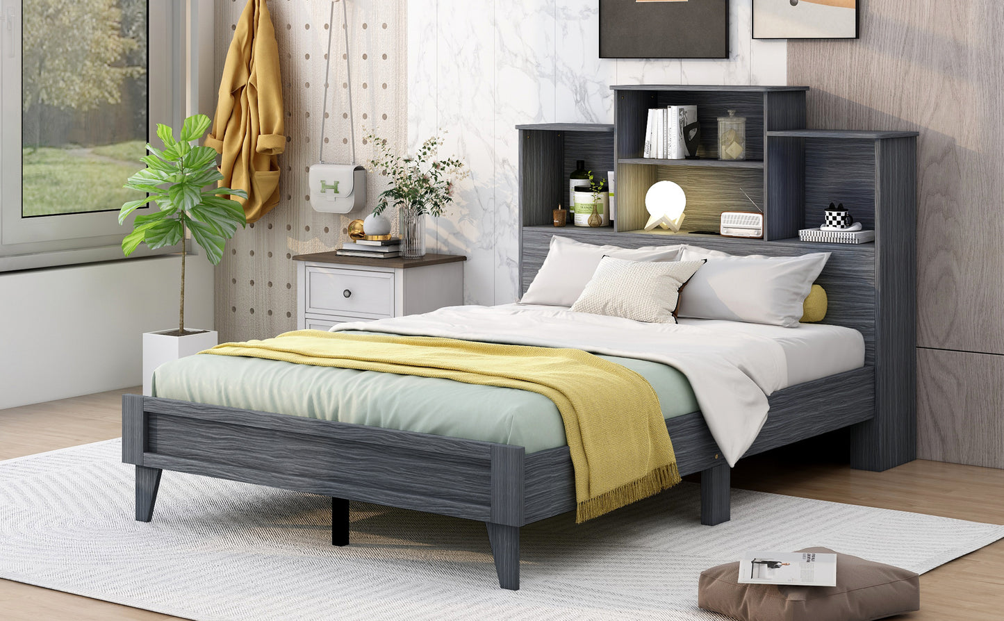 Taz Full Size Platform Bed Frame with 4 Open Storage Shelves - Gray